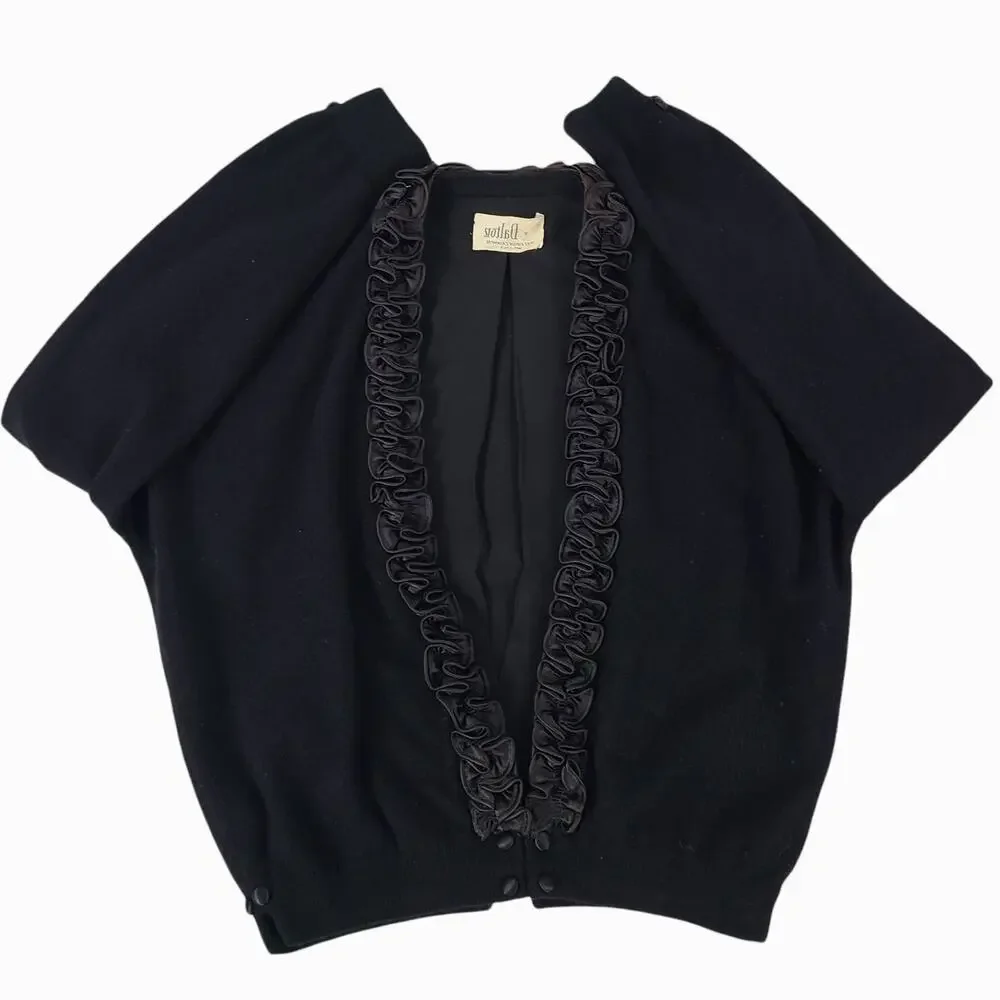 Dalton Cashmere Cardigan Vintage 50s Pinup Scroll Ruffle Trim Cinch Waist Black - Picture 9 of 16
